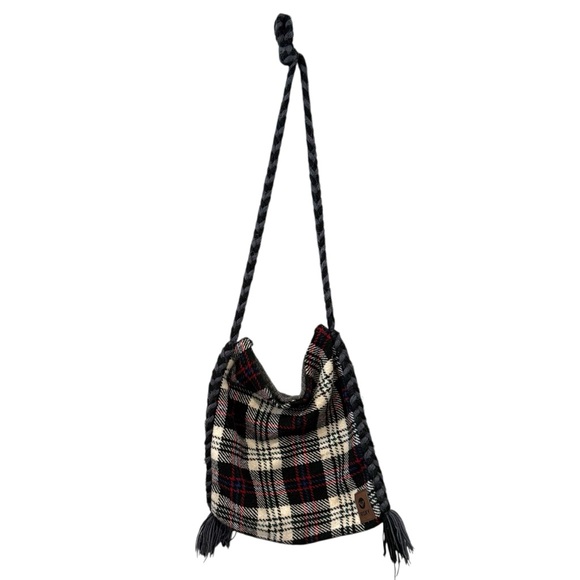 Roxy Plaid Wool Blend Crossbody Bag Long Strap Snap Closure Boho Winter Purse - Picture 1 of 7